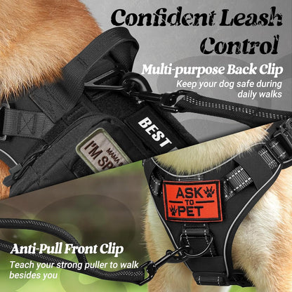rabbitgoo Upgraded Tactical Dog Harness for Large Dogs, Reflective Heavy Duty Pet Harness with Handle, No-Pull Service Vest, Adjustable Military Vest for Training Hunting Walking, Black, XL