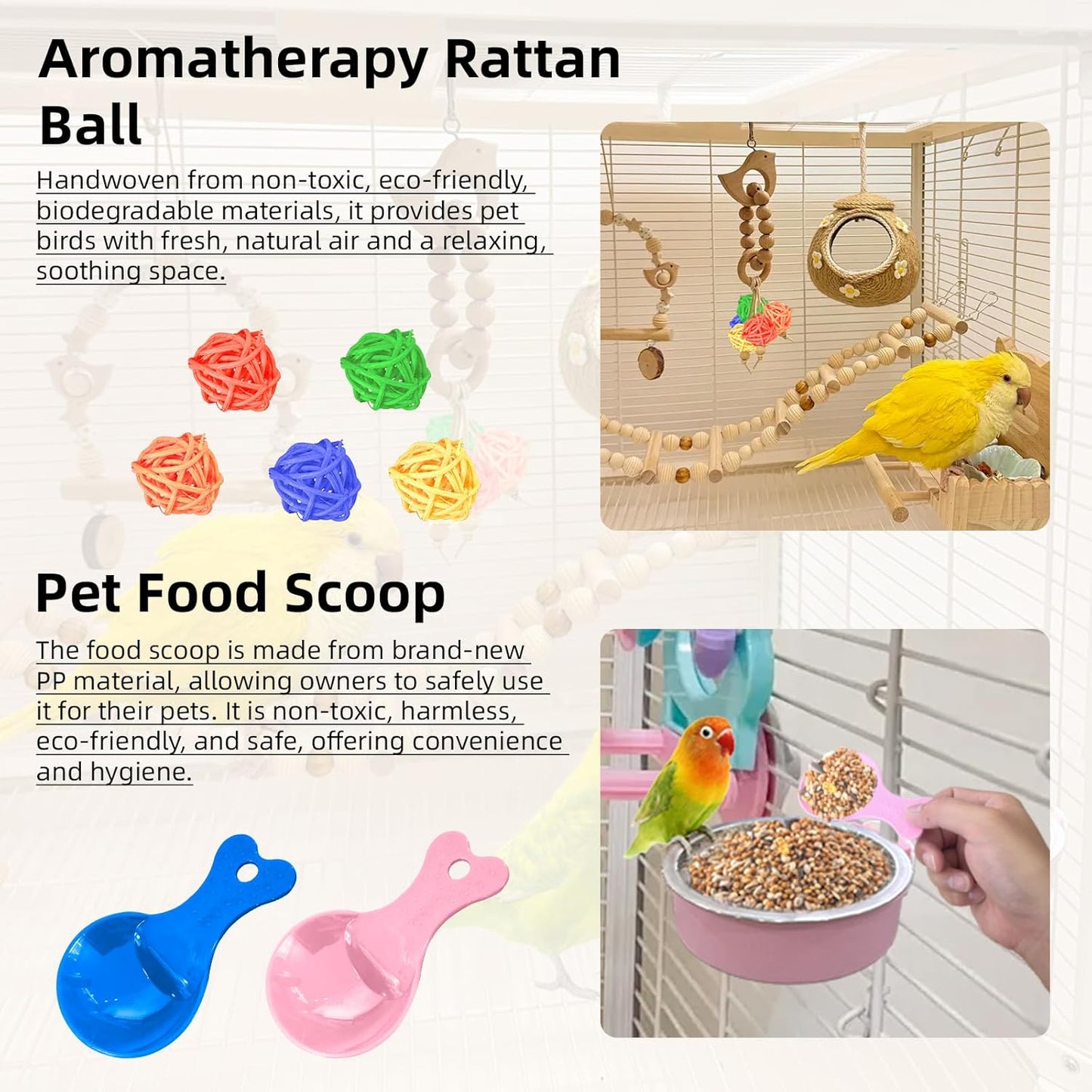 4 Pack Stainless Steel Bird Feeding Dish Cups with 5pcs Colorful Spoon and 5pcs Rattan Ball，for Chinchilla, Parrot, Cockatiel, Conure, Budgies, Hamster, Small Animal