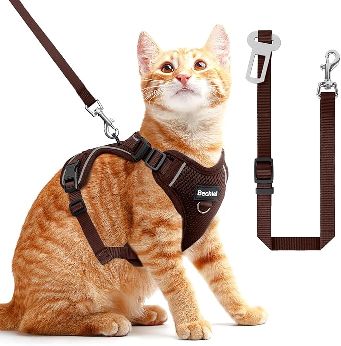 Cat Harness and Leash Set - Escape Proof Adjustable Cat Harness, Comfortable Soft Lightweight, Use Safe & Easy, Walking Travel Kitten Harness for Small Medium Large Cats, Brown, S(7-12lb)