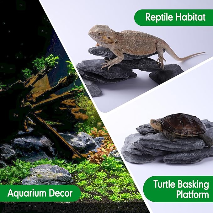 Natural Slate Stone Rocks with Special Liquid Glue, Mix of Rocks 3-6 inches and 1 Piece 8-10 inches, PH Neutral Stone for Aquascaping Aquariums, Paludariums, Reptile Enclosures (4.1 - 4.6 lbs)