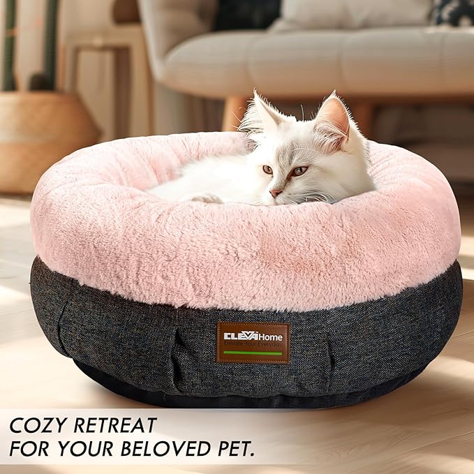 ClevaHome Cozy Cat Bed - Ultra-Soft Plush Pet Bed with Raised Sides and Anti-Slip Base, Comfortable Round Bed for Small Pets up to 11 lbs