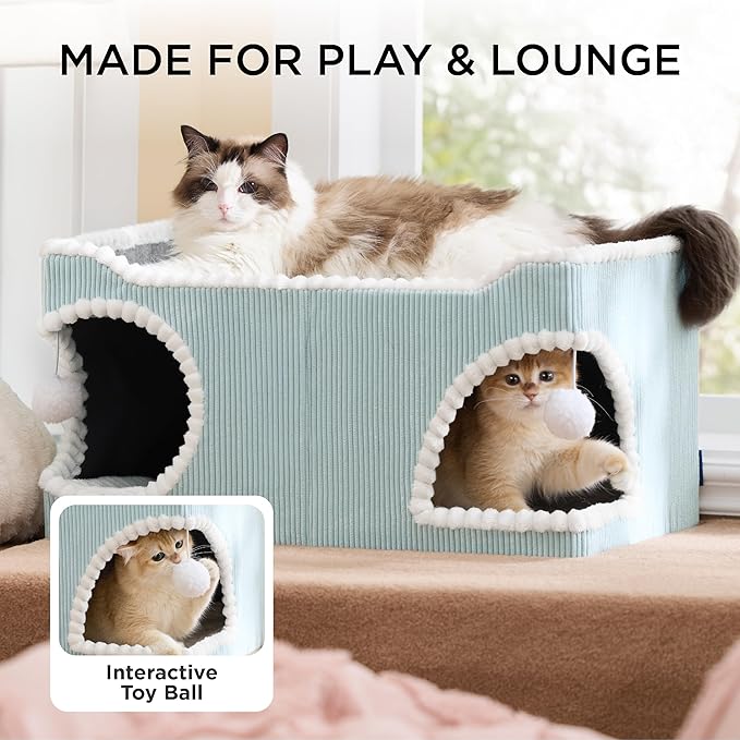 Bedsure Cute Cat House for Indoor Cats - Extra Wide Cat Scratch House with Large Top Sisal Scratch Pad for Multiple Cats, Foldable Kitty Cave Hideaway for Entertainment, 23.6x15.9x12.6inches, Blue