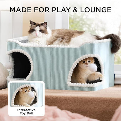 Bedsure Cute Cat House for Indoor Cats - Extra Wide Cat Scratch House with Large Top Sisal Scratch Pad for Multiple Cats, Foldable Kitty Cave Hideaway for Entertainment, 23.6x15.9x12.6inches, Blue