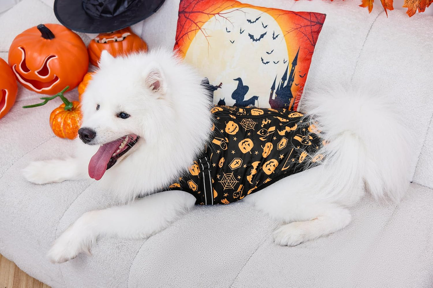 Aiboria Winter Dog Coat Windproof Fleece Jacket with Chest Strap Dog Vest Harness Halloween Black 4XL