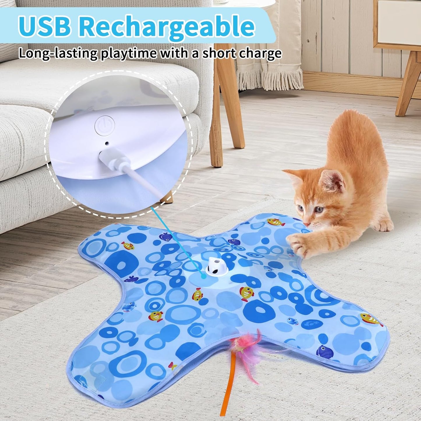 DFQ Interactive Cat Toys Chargeable, 2 in 1 Automatic Hide and Seek Cat Toys with Moving Concealed Feather Hidden in Bag,Touch Activated Cat Kitten Toys for Indoor Bored Adult Cats,Blue