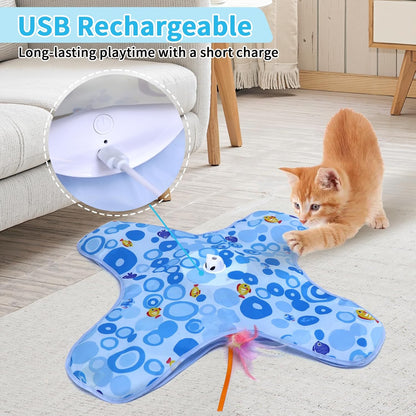 DFQ Interactive Cat Toys Chargeable, 2 in 1 Automatic Hide and Seek Cat Toys with Moving Concealed Feather Hidden in Bag,Touch Activated Cat Kitten Toys for Indoor Bored Adult Cats,Blue