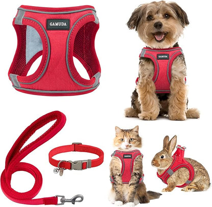 GAMUDA Small Pet Harness Collar and Leash Set, Step in No Chock No Pull Linen Fabric Soft Mesh Dog Vest Harnesses Reflective for Dogs Puppy Cats Kitten Rabbit (Red, XL)
