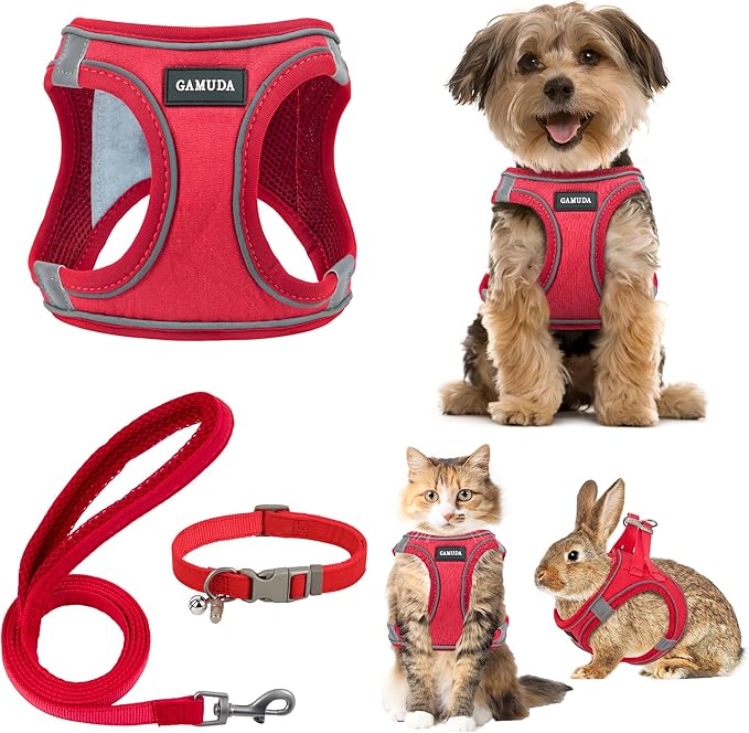 GAMUDA Small Pet Harness Collar and Leash Set, Step in No Chock No Pull Linen Fabric Soft Mesh Dog Vest Harnesses Reflective for Dogs Puppy Cats Kitten Rabbit (Red, S)