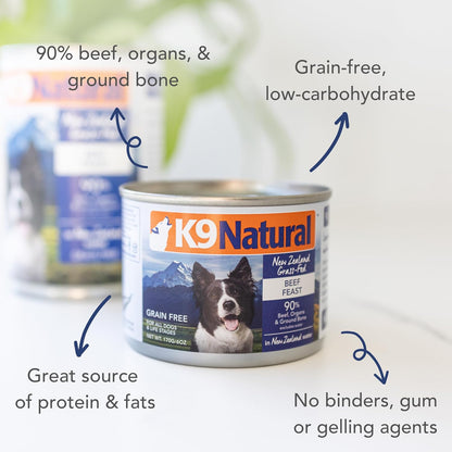 K9 Natural Wet Dog Food Pate Beef Feast - 6 oz Cans, Pack of 12 - Grain Free Canned Dog Food with Grass-Fed & Finished Beef - Single Source Limited Ingredient Diet - Made in New Zealand