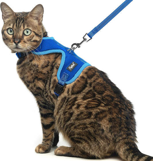 PUPTECK Cat Harness and Leash Set Escape Proof, Reflective Adjustable Soft Mesh Kitten Vest Harness for Walking Travel, Navy Blue, S