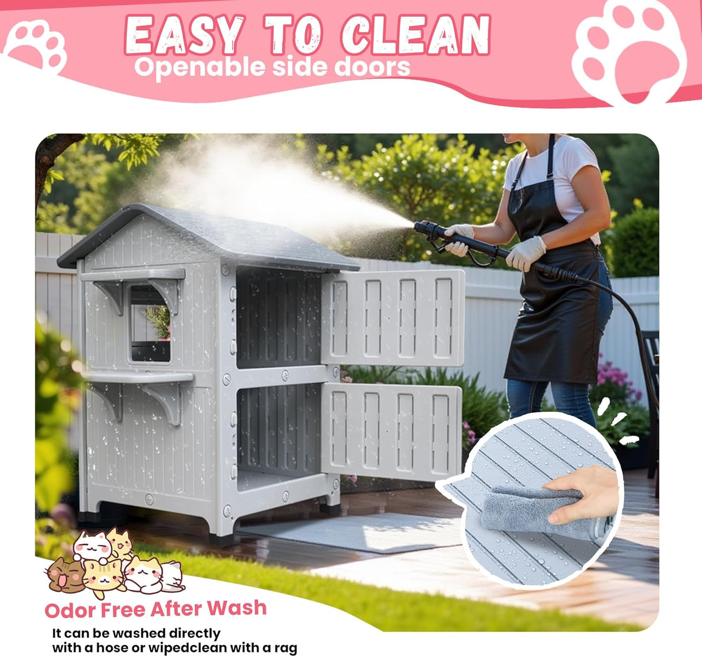 Plastic 2 Story Outdoor Cat House with Soft Mat,Insulated Cat House for Outdoor Cats with Escape Door, Waterproof Outside Cat Shelter, Clean and Assemble Easily