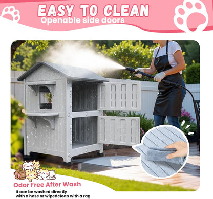 Plastic 2 Story Outdoor Cat House with Soft Mat,Insulated Cat House for Outdoor Cats with Escape Door, Waterproof Outside Cat Shelter, Clean and Assemble Easily