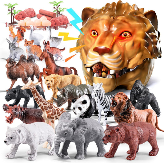 Safari Animals Playset, 41Pcs Jungle Zoo Animal Toys for Toddlers 1-3/Kids 3-5 - Light-Up Sound Lion Basket, Non-Toxic Educational Figurines, Ideal Birthday for Boys & Girls