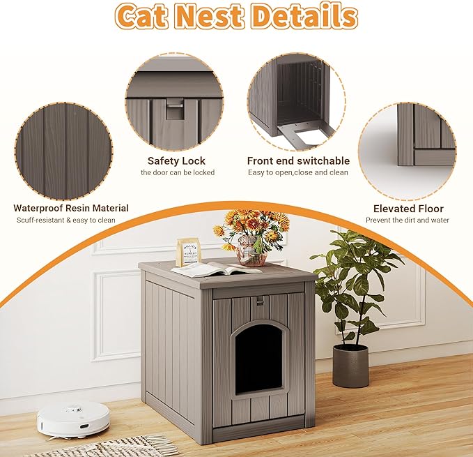 VIXZEN Cat House Resin Outdoor Cat House with Flip Lid Elevated Raised Floor Waterproof Easy Access Easy Assembly Easy to Clean Cat Houses for Outdoor Cats,Gray
