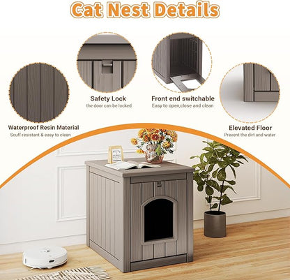 VIXZEN Cat House Resin Outdoor Cat House with Flip Lid Elevated Raised Floor Waterproof Easy Access Easy Assembly Easy to Clean Cat Houses for Outdoor Cats,Gray
