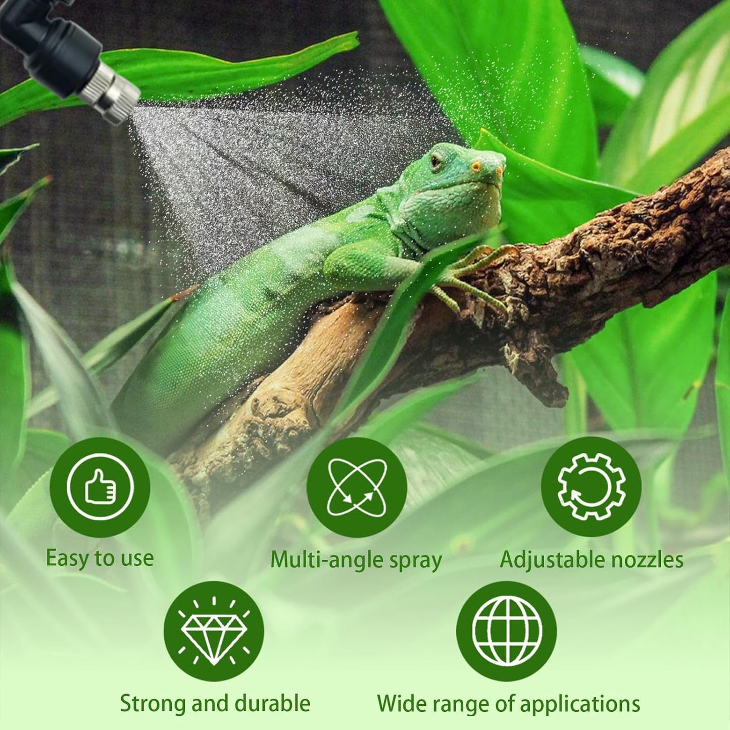 Reptile Terrariums Misting Accessories kit, 2PCS Adjustable Reptile Mister Nozzles, with 16ft 1/4 inch Tube, Black