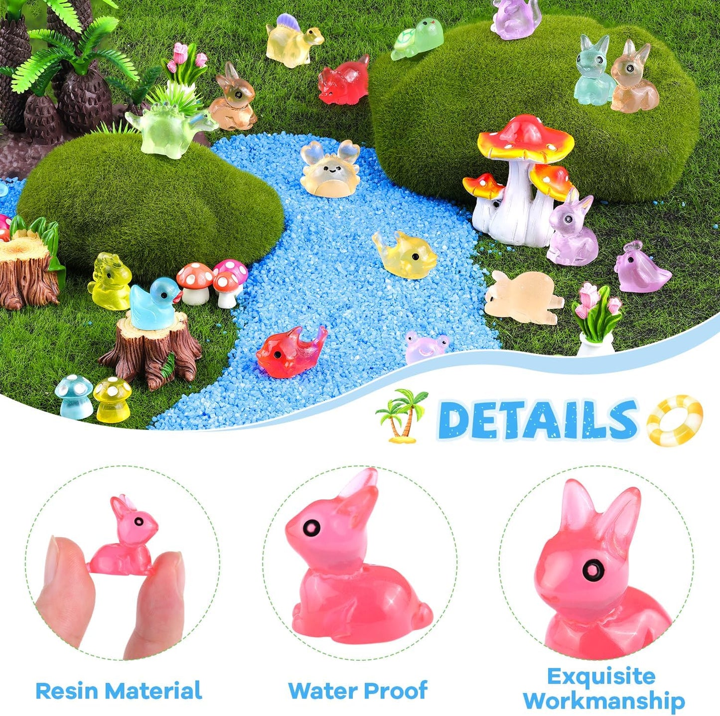 100PCS Mini Resin Animals Tiny Cute Figurines Glow in Dark, Miniature Figures to Hide, Little Animal Toys Small Accessories for Topper Desk Garden Dollhouse Landscape Aquarium Ornaments Crafts & Decor