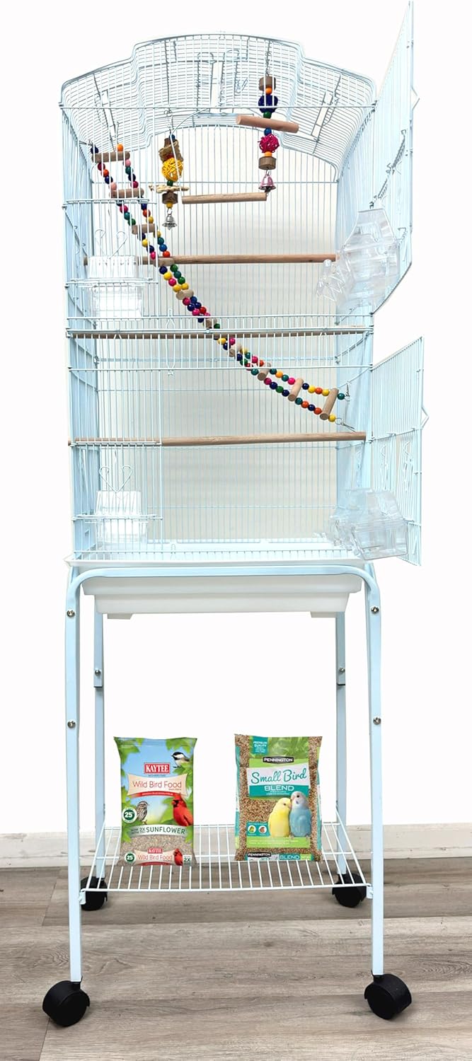 65-Inch Large Flight Bird Cage with Toys and 10-Step Play Ladder for Cockatiel Parakeet Finch Budgie Lovebird Canary Finch Pet Bird Cage with Rolling Stand (White with Toy)
