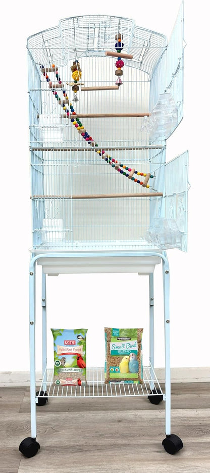 65-Inch Large Flight Bird Cage with Toys and 10-Step Play Ladder for Cockatiel Parakeet Finch Budgie Lovebird Canary Finch Pet Bird Cage with Rolling Stand (White with Toy)