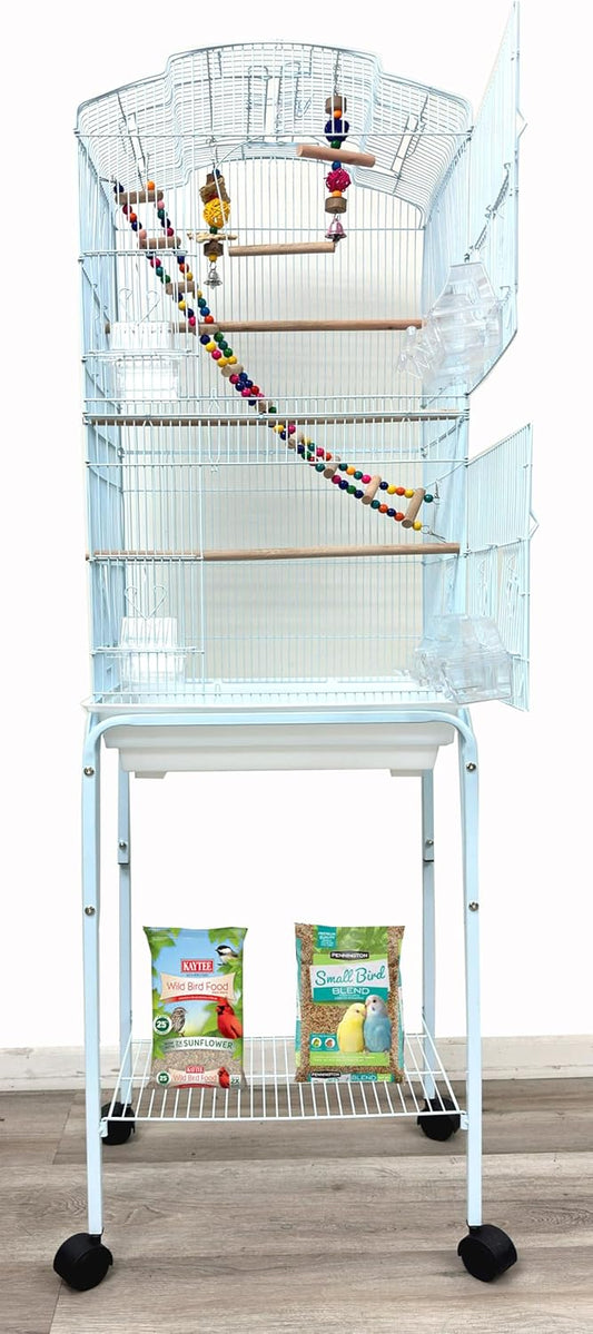 65-Inch Large Flight Bird Cage with Toys and 10-Step Play Ladder for Cockatiel Parakeet Finch Budgie Lovebird Canary Finch Pet Bird Cage with Rolling Stand (White with Toy)