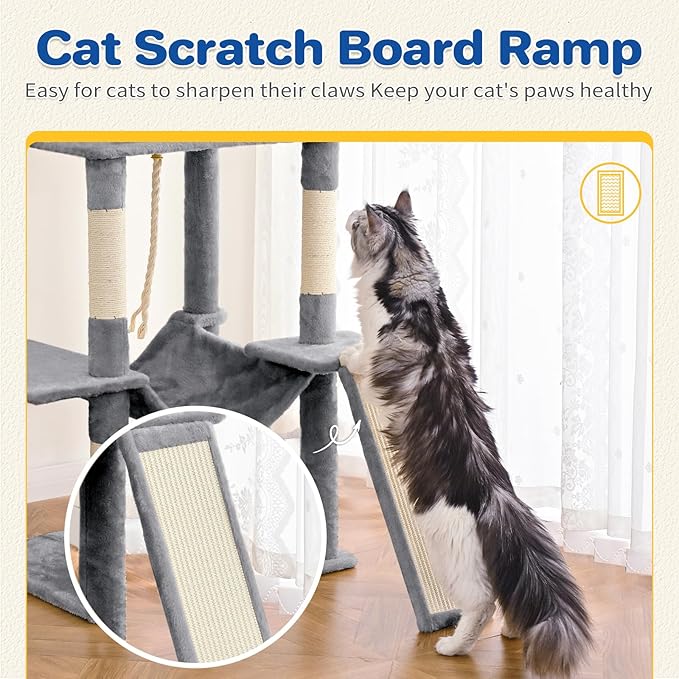 Cat Tree Tower 63in Multi-Level Cat Tower for Indoor Cats with Sisal Scratching Posts, Condo, Hammock, Dangling Ball and Extended Platform for Cats to Play, Light Grey