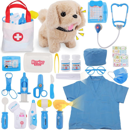 TEUVO Toy Doctor Kit for Girls, Pretend Play Doctor Set with Dog Toy, Carrying Bag, Stethoscope, Dress Up Costume, Toys Doctor Play Birthday Gift for Kids Toddlers 1 2 3 4 5 6 7 Year Old for Role Play