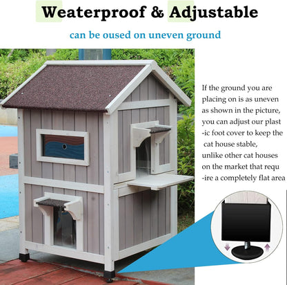 Rockever Outdoor Cat House, Large Outdoor Houses for Feral Cats Wooden Outside Cat Shelter Weatherproof with Escape Door