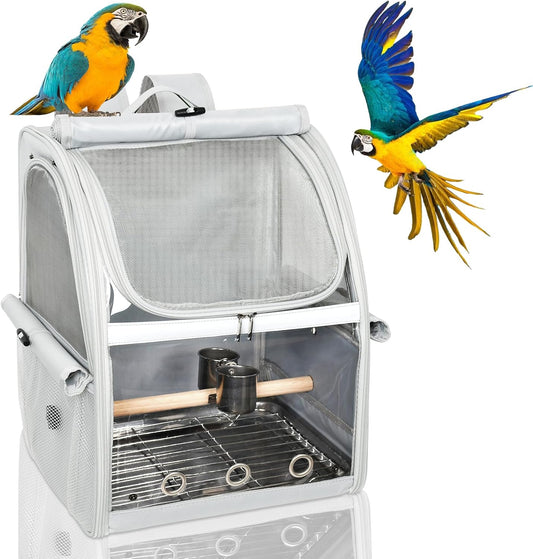 Bird Carrier Bag, Bird Travel Cage with Standing Perch and Indestructible Stainless Steel Mesh, Protable Transparent Breathable Carrier with Feeder Cups for Small Birds Parrot Parakeet, Grey