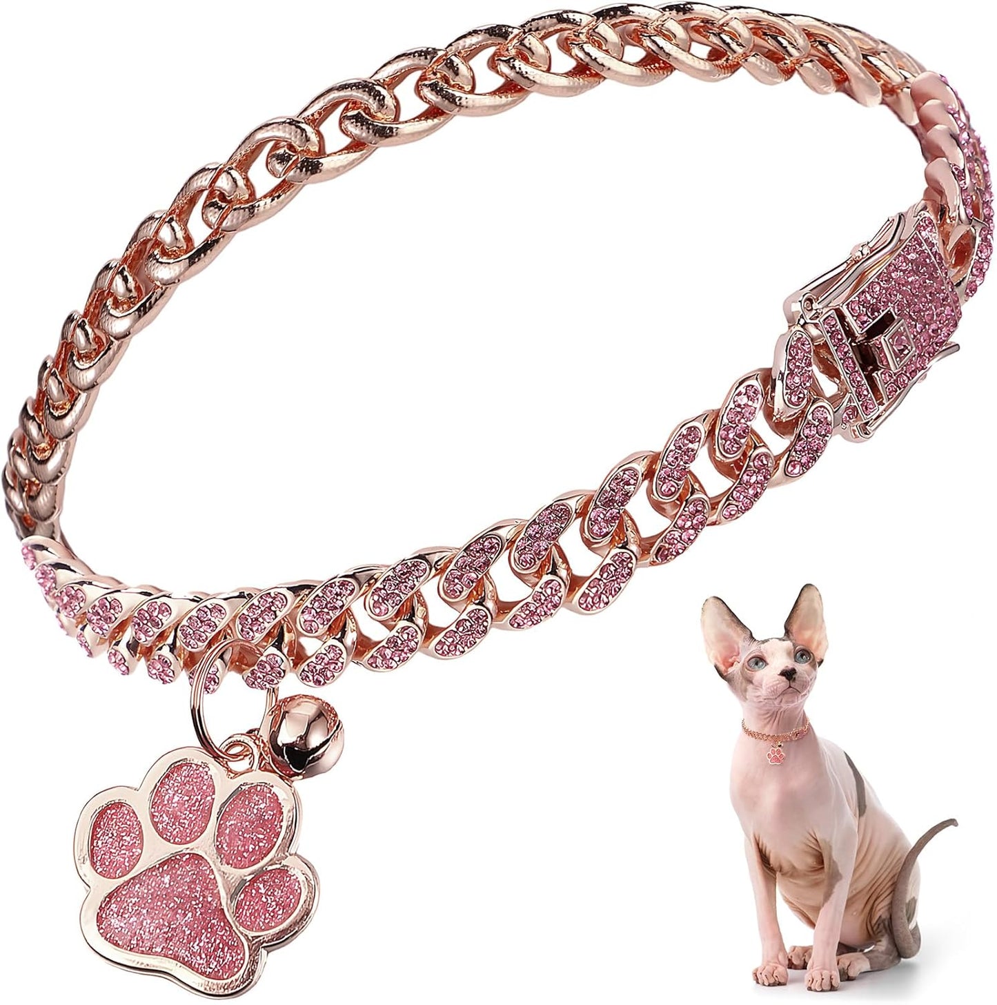 Hillban Cat Collar Diamond Chain Glitter Collar Walking Metal with Secure Buckle Cat Pet Necklace with Paw Charm and ID Tag Bell Link Cuban Jewelry Accessories(8 Inch,Rose Gold, Pink)