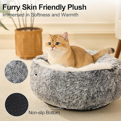 MADDEMCUTE Calming Dog & Cat Cave Bed With Hooded Cover, Removable Washable Round for Small Medium Pets, Anti-Slip Faux Fur Fluffy Coved for Improved Sleep, Fits up to 15/25 lbs (Grey, S)