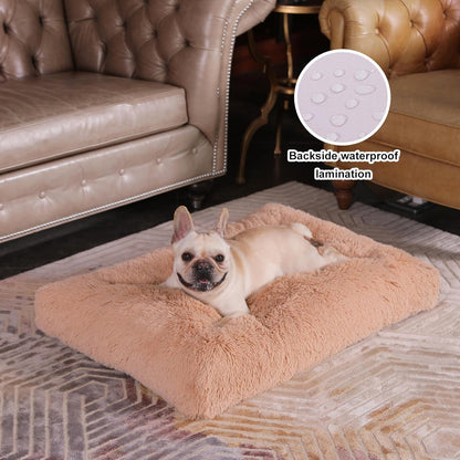 Bedfolks Waterproof Dog Crate Bed,Plush Dog Bed with Removable Washable Cover,Faux Fur Dog Crate Pad for Large Dogs,Fluffy Dog Kennel Bed 35"x23",Solid Camel