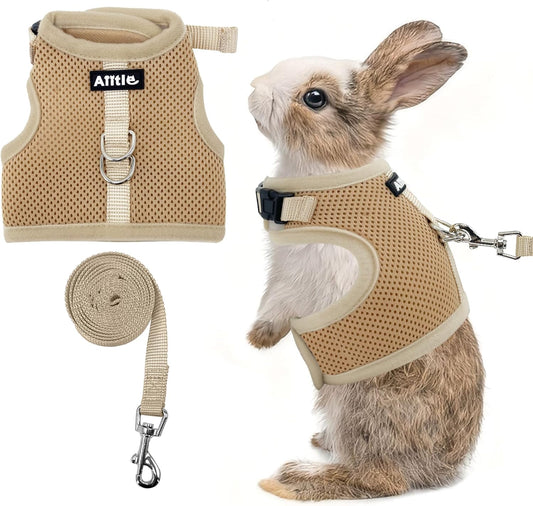 AIITLE Adjustable Rabbit and Leash Set - Lightweight & Portable, Padded Vest with Magic Tape Design, Indoor/Outdoor Use (Training, Hiking) - Fits Hamsters, Rats, Iguanas, Puppies, Cats, Khaki M