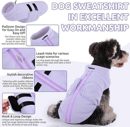 Queenmore Small Dog Sweater, Soft Fleece Vest Pullover Dog Jacket with Leash Hole, Warm Winter Dogs Clothes Cold Weather Doggy Dachshund Sweaters for Small Dogs Cats Boy or Girl (Lilac, XS)