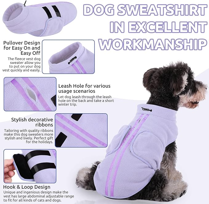 Queenmore XXL Dog Sweater, Soft Fleece Vest Pullover Dog Jacket with Leash Hole, Warm Winter Dogs Clothes Cold Weather Doggy Dachshund Sweaters for Large Dogs Cats Boy or Girl (Lilac, XXL)