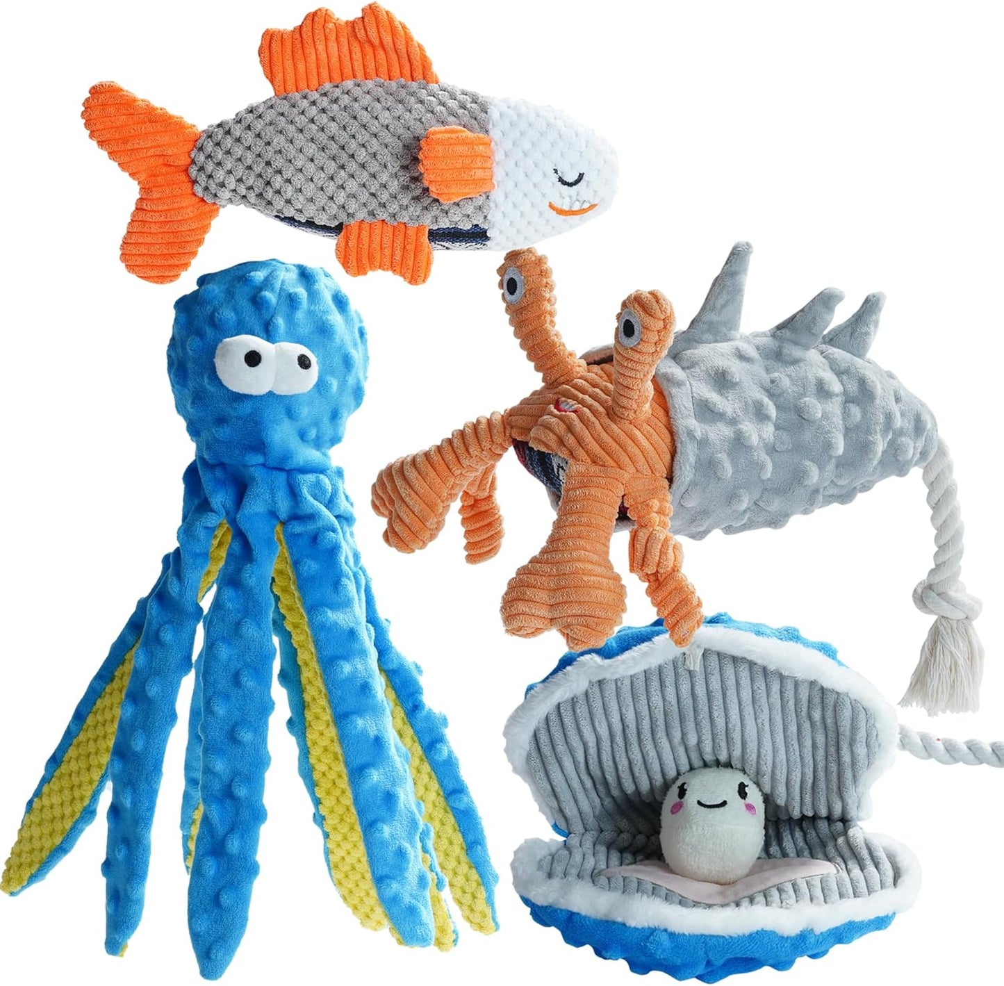 Nocciola 4 Packs Crinkle Squeaky Dog Toys for Aggressive Chewers, Durable Stuffed Plush Rope Tug Puppy Toy for Small, Medium Large Dogs, Octopus Fish Ocean Beach Summer, Dog Birthday Gifts