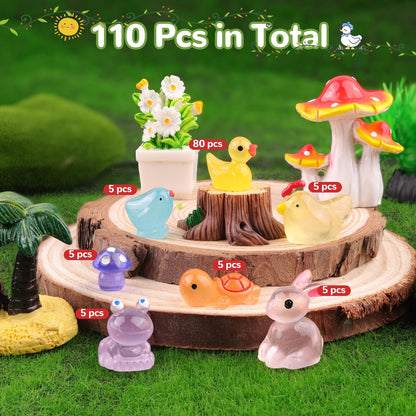 110PCS Mini Resin Animals Tiny Cute Figurines Glow in Dark, Miniature Figures to Hide, Little Animal Toys Small Accessories for Topper Desk Garden Dollhouse Landscape Aquarium Ornaments Crafts & Decor