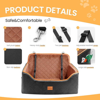 Dog Car Seat for Medium Dog, Booster Seat for Dogs Under 55lb, Elevated Pet Seat with Pocket, Anti-Slip Bed for Car, Perfect for Back Seat & Trunk with 2 Safety Leashes (Black/Brown, Large)