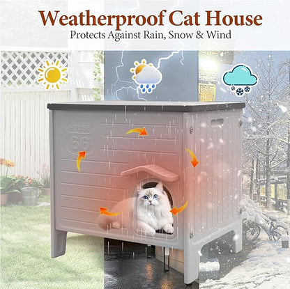 Insulated Cat House Outdoor Weatherpoof Plastic Cats Houses with Escape Door Indoor Waterproof Feral/Pet Cat Shelter Outside for Puppy, Rabbit for Winter (Grey)
