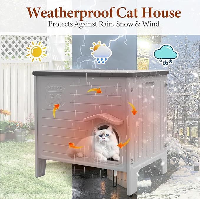 Outdoor Cat House with Insulated Liner, Large Weatherpoof Plastic Insulated Cats Houses with Escape Door Indoor Waterproof Feral/Pet Cat Shelter Outside for Puppy, Rabbit for Winter（Grey）