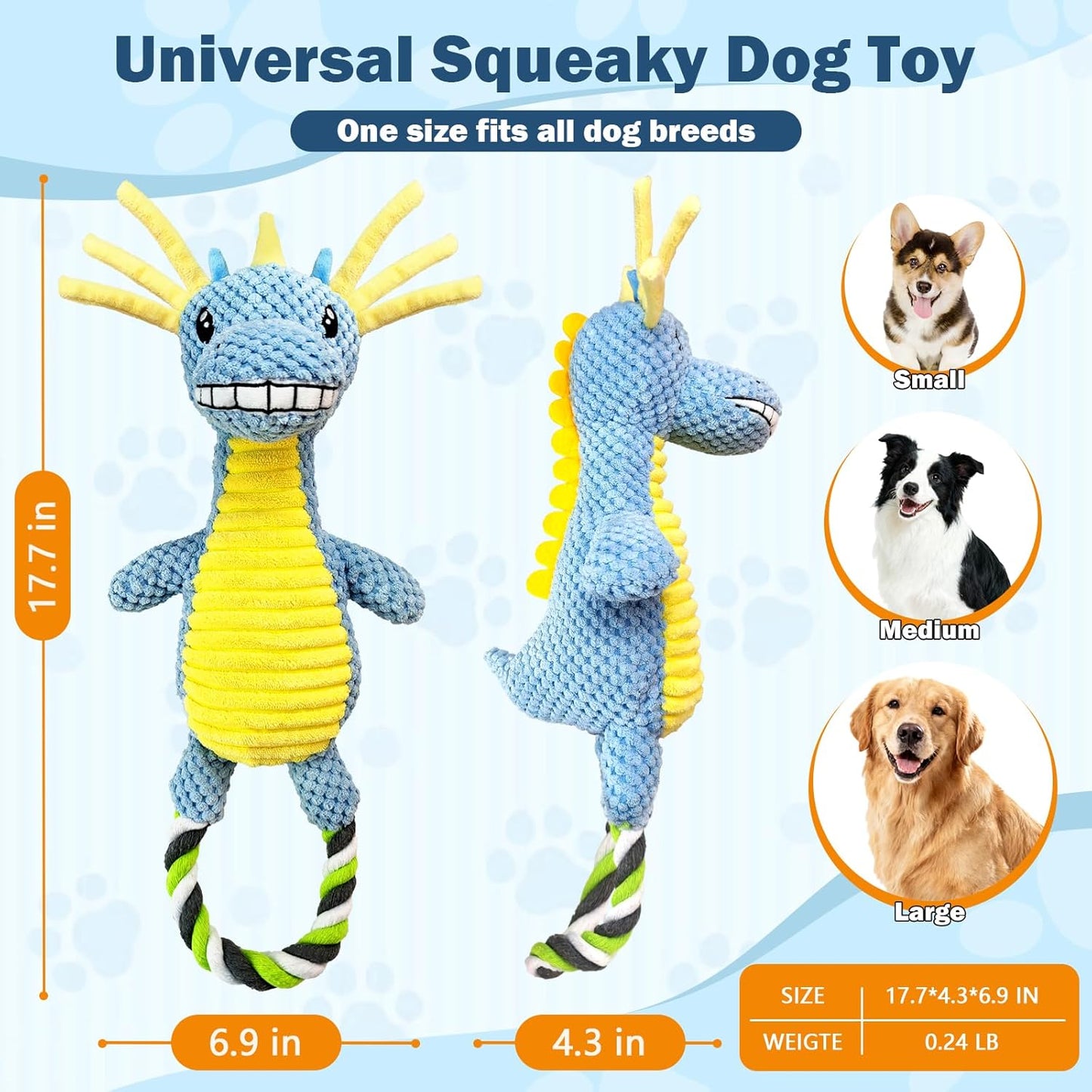 Squeaky Dog Toys for Large Dogs- Tough Squeaky Dog Toys to Keep Them Busy- Durable Plush Stuffed Chew Toy for Boredom, Tug of-War, for Small Medium Large Dogs (Blue)