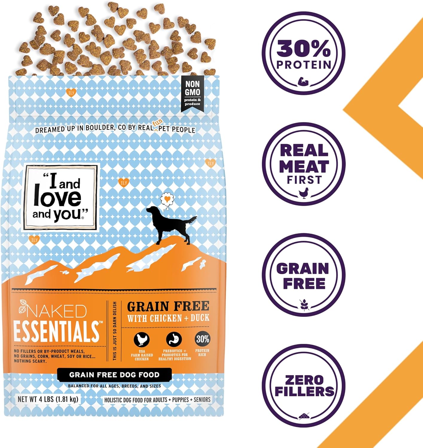 I and love and you Naked Essentials Dry Dog Food - Chicken + Duck - High Protein, Real Meat, No Fillers, Prebiotics + Probiotics, 4lb Bag