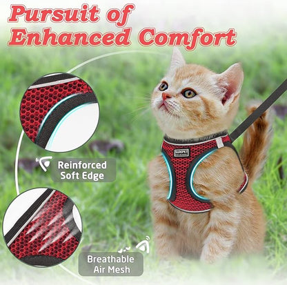 Cat Harness and Leash for Walking Escape Proof, Adjustable Kitten Vest Harness Reflective Soft Mesh Puppy Harness for Outdoor, Comfort Fit, Easy to Control (Red, L)