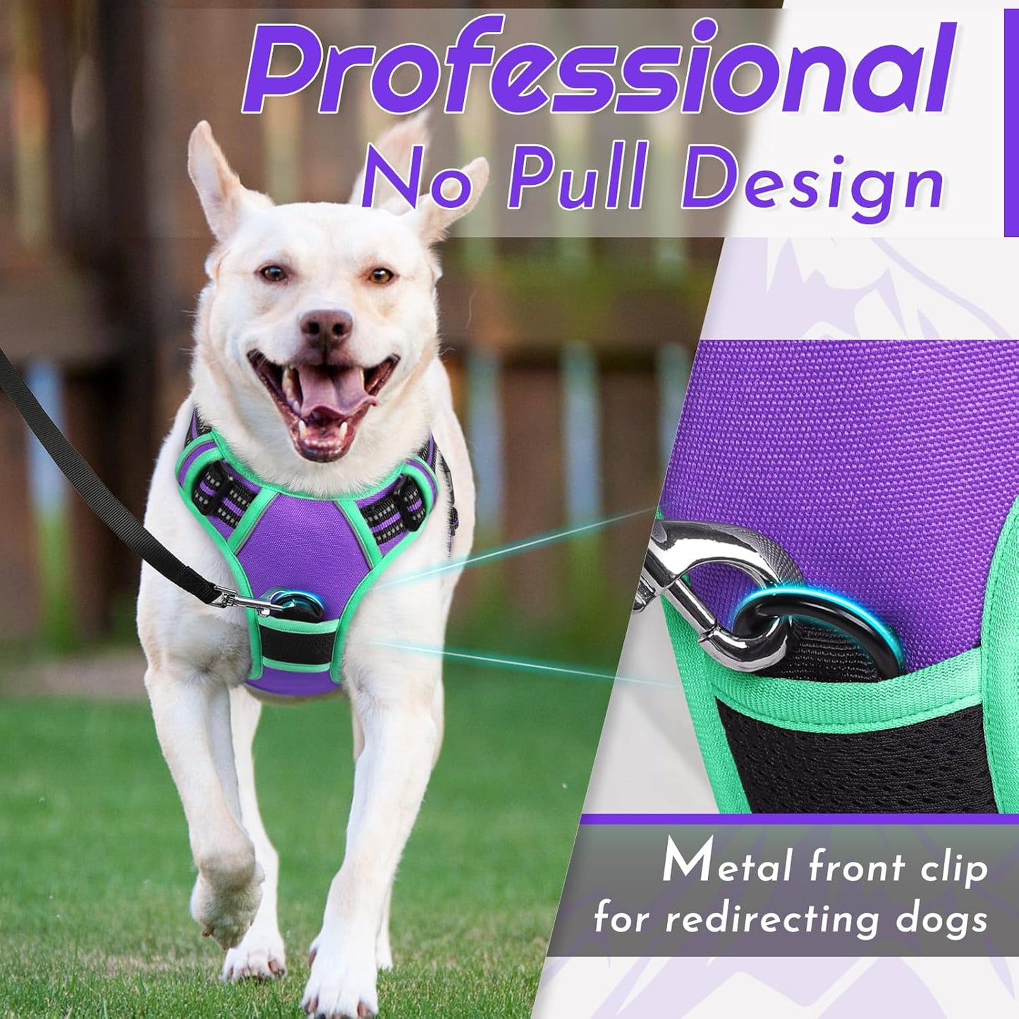 Eagloo Dog Harness for Large Dogs, No Pull Service Vest with Reflective Strips and Control Handle, Adjustable and Comfortable for Walking, No Choke Pet Harness with 2 Metal Rings, Purple & Green, XL