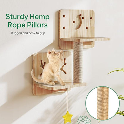 Cat Wall Shelves, Cat Wall Furniture Pine Wooden Feline Shelf, 13 Piece Shelves and Perches with Bowl, Warmer Mat, Condo, House, Steps and Cat Scratcher