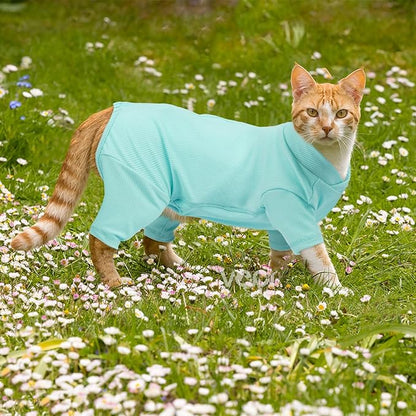 Sticky Hair Cat Clothes, Breathable & Lightweight, Reduces Shedding Fur Pajamas, Full Body Long Sleeve Surgical Bodysuit, Stop Licking & Shedding,Blue,S