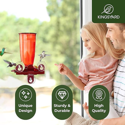 Kingsyard Window Hummingbird Feeder for Outside, 14 Oz Hummer Bird Nectar Feeder with 4 Feeding Ports & Circle Perch, Easy to Clean and Refill, Hummingbird Gifts (Red)