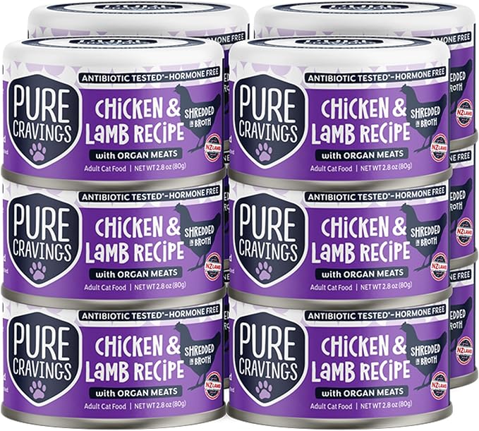 Pure Cravings Chicken and Lamb Recipe in Broth, Shredded Wet Cat Food, Grain-Free Protein, Non-GMO, 12 Pack