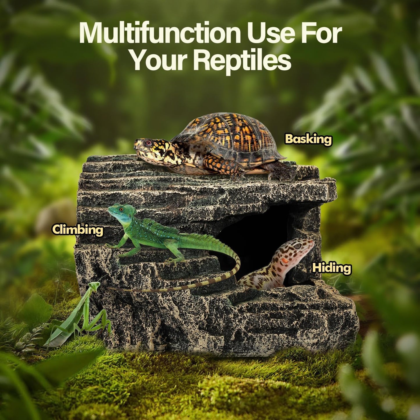 Reptile Hide, Great for Geckos, Snakes, Bearded Dragons & Lizards. with Steps for Rock Climbing, It Doubles as Aquarium Rock Cave Corner Cave for Climbing Hiding. (Stone, A-XLarge)