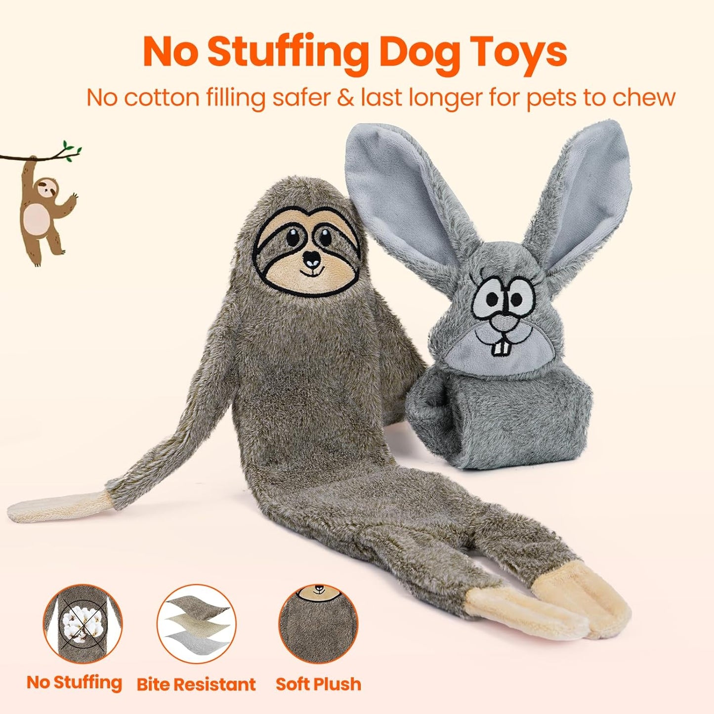 HGB No Stuffing Dog Toys for Aggressive Chewers, Squeaky Crinkle Plush Dog Toys to Keep Them Busy & Puppy Teething for Small, Medium, Large Breed, Cute Bunny & Sloth