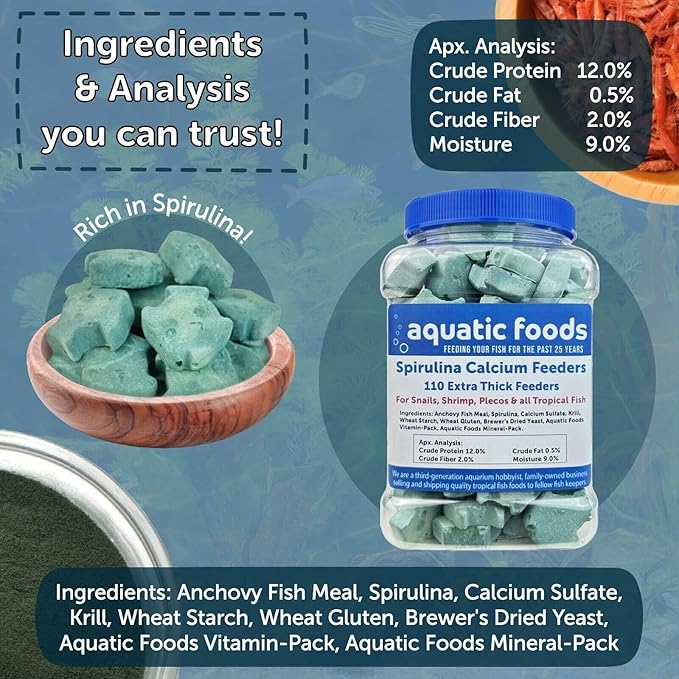 Aquatic Foods Inc. Spirulina Enriched Calcium Feeders for Shrimp, Snails, Crabs, Crayfish, Pleco, Catfish, All Tropical Fish…35 Count Sm Jar